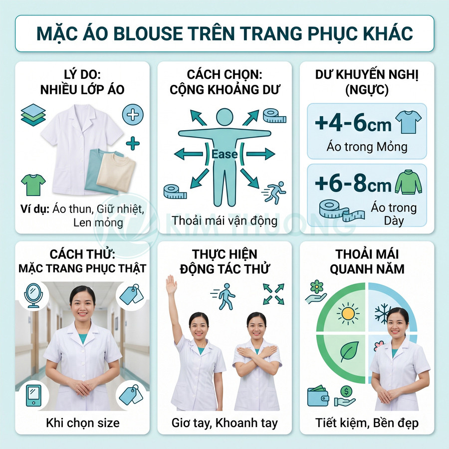 Hướng dẫn chọn size áo blouse y tế mặc ngoài áo thun, người mẫu nữ minh họa các động tác kiểm tra độ thoải mái